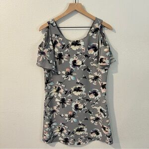 C&E Crepe Floral Flutter‎ Sleeve Cold Shoulder V Back Tunic Dress Size XS